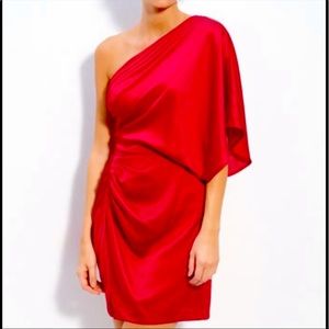 Aidan Mattox red satin one sleeve dress